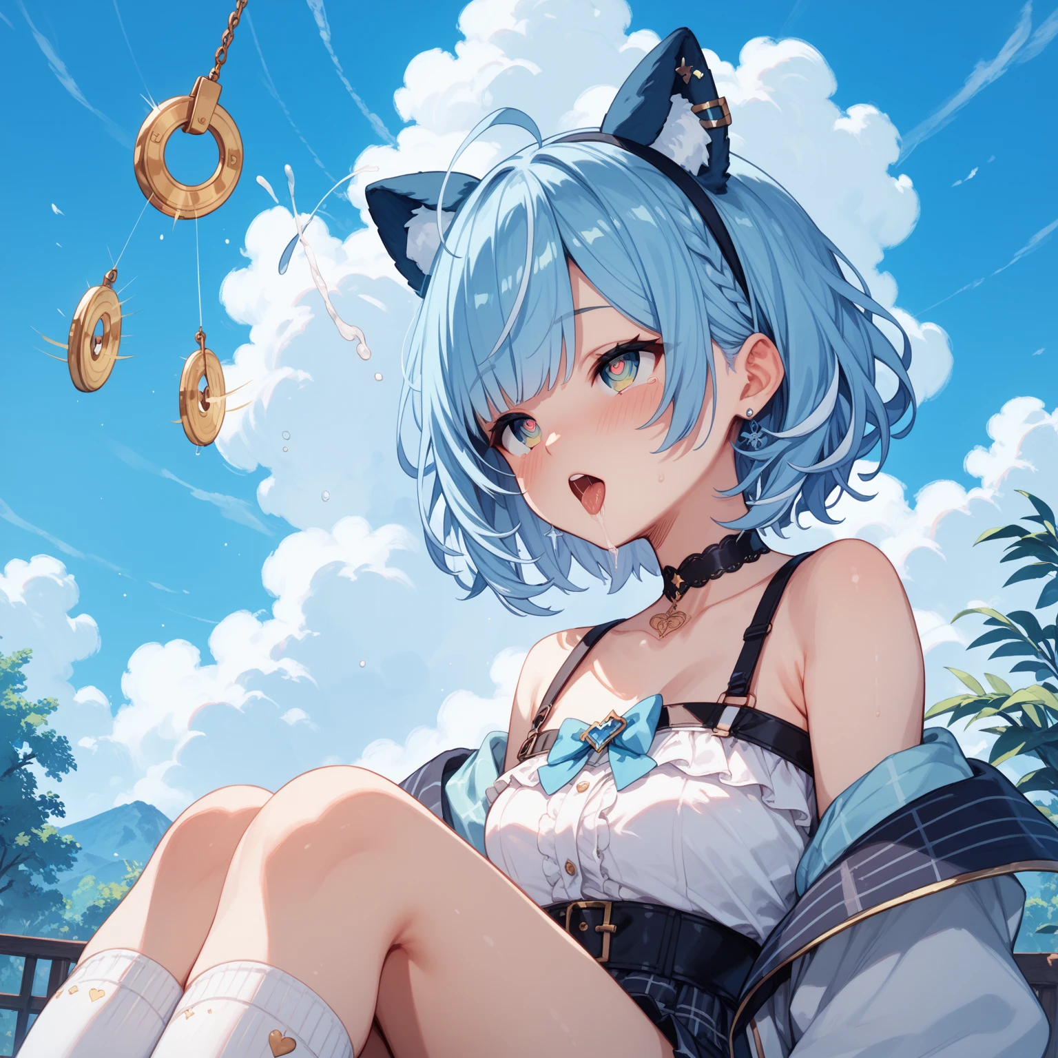 Digital anime art,highest quality,High resolution,One Girl,Mid-teens age, focus on upper body,A girl with light blue hair in a ponytail,Super detailed,off shoulder tops,mini skirt,Big Breasts,Cleavage,looking at the camera,Raise one hand、Making a peace sign,A cheerful smile,Laughing with your mouth open,A rich expression,Eyes drawn in detail,necklace,ring,hair ornaments,bracelet,Daytime grassland in the background,8K
