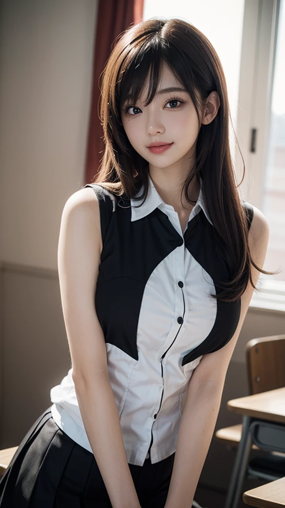 best qualtiy,tmasterpiece,超高分辨率,(真实感:1.4),RAW photogr,1girll,cropped shoulders,long whitr hair,Bust,huge tit,Face Highlighting,Pure,Girly,Flushing,19yr old,19-year-old smiling female classmate,Pure,Innocent,(best qualtiy,8K,tmasterpiece:1.3),Goose egg face,largeeyes,long eyelasher,Exquisite(live-action realistic style),Star-like eyes,Ultimate face,Photorealistic light and shadow,Clear facial features,Milky white skin,Fair skin, highdetailskin, Realistic skin details, Visible Pore,(Super detail),(perfect bodies:1.1),long whitr hair,(dynamicposes),((Dynamic background((volumettic light:1.3)),Light orange plaid skirt,red bowtie,deep v big breasts,Classroom