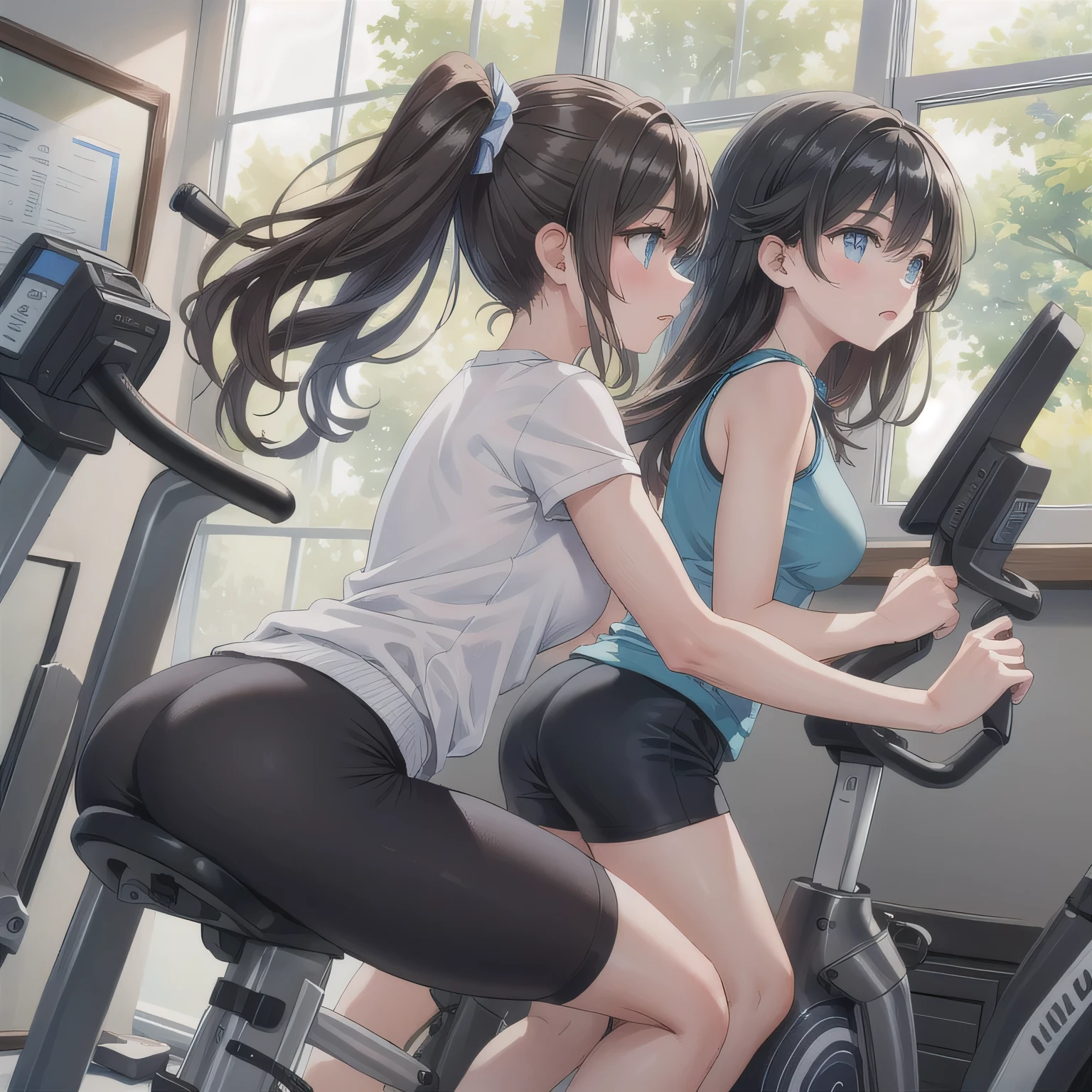 a girl sitting on gym cycle saddle cushion, tennis-wear, skirt, white panties,