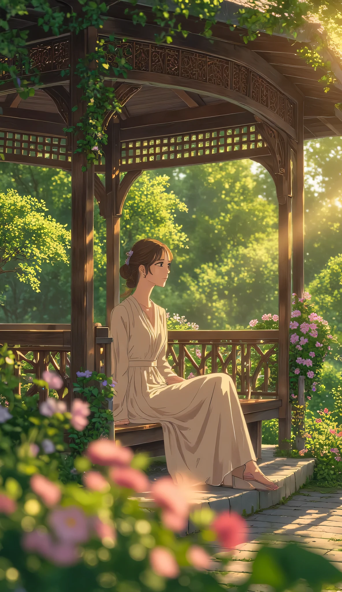 A girl, formal wear, sitting in a Gazebo in the middle of the garden,Beautiful green garden, morning sun, bright, clear sky without clouds,Wide angle , masterpiece, Sharp focus, 8k, depth of field, detailed face and eyes, perfect,