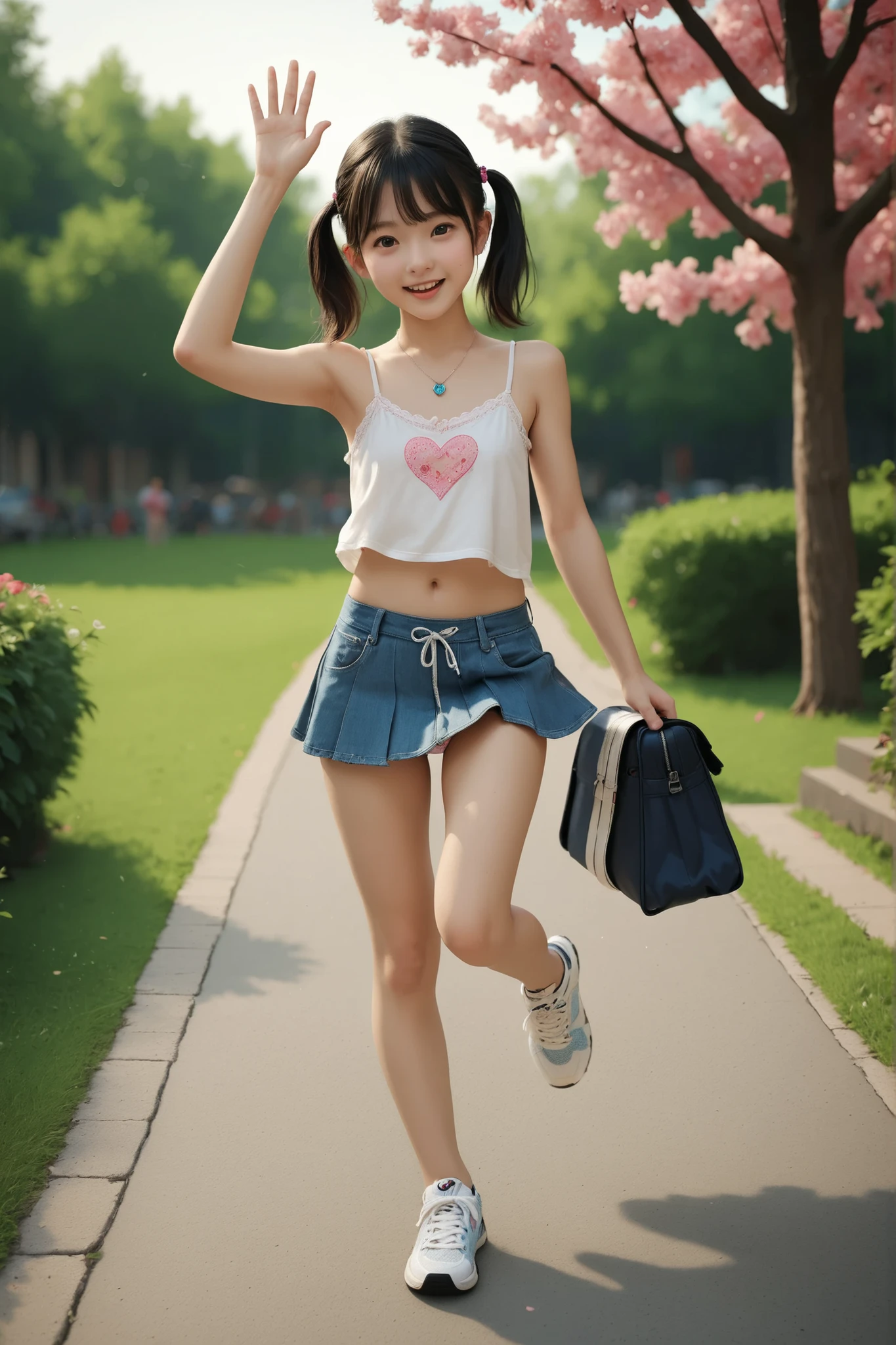 masterpiece,best quality,good quality,newest,
illustration,in park,running,waving,flaccid penis,testicles,arm up,happy,black hair,twintails,short hair,camisole,microskirt,flat chest,sneakers,under panties,heart gemstone pendant,)baby face girls:1.,very young looking girls:1.4