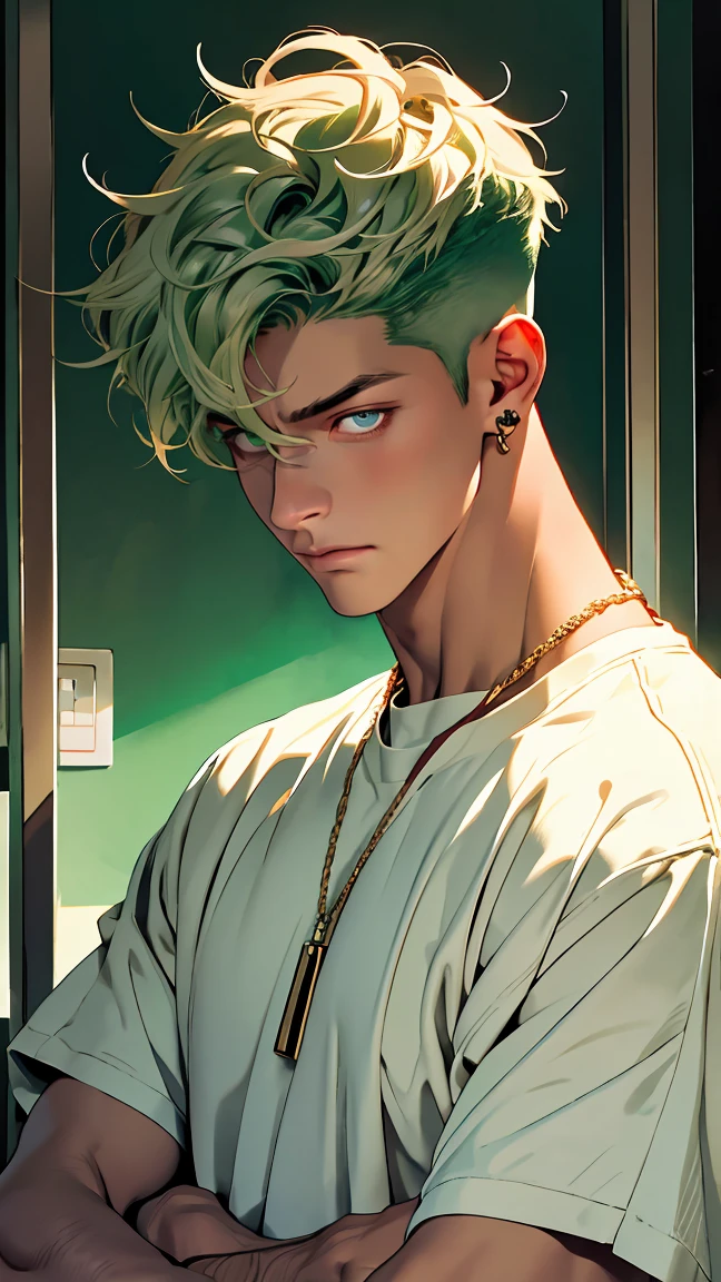 Roronoa Zoro, three swords, one piece, highly detailed, 8k, masterpiece, half profile, intense expression, chiaroscuro lighting, muted color palette, dramatic composition, volumetric fog, cinematic atmosphere, digital painting, concept art style. Waist up. With 3 swors at the waist