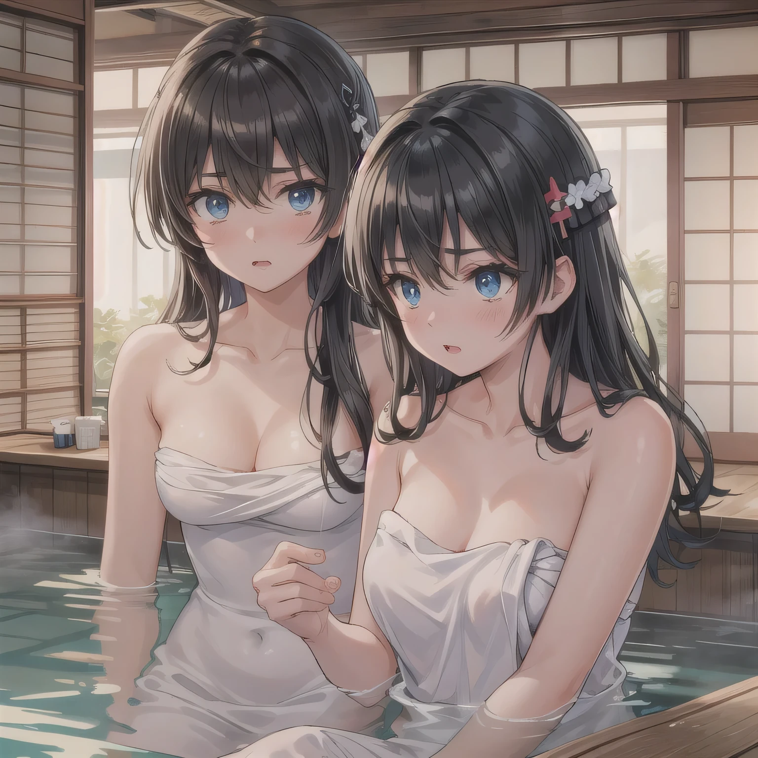 ((kinky girls putting their hair up fully)), taking a bath,kinky grin,