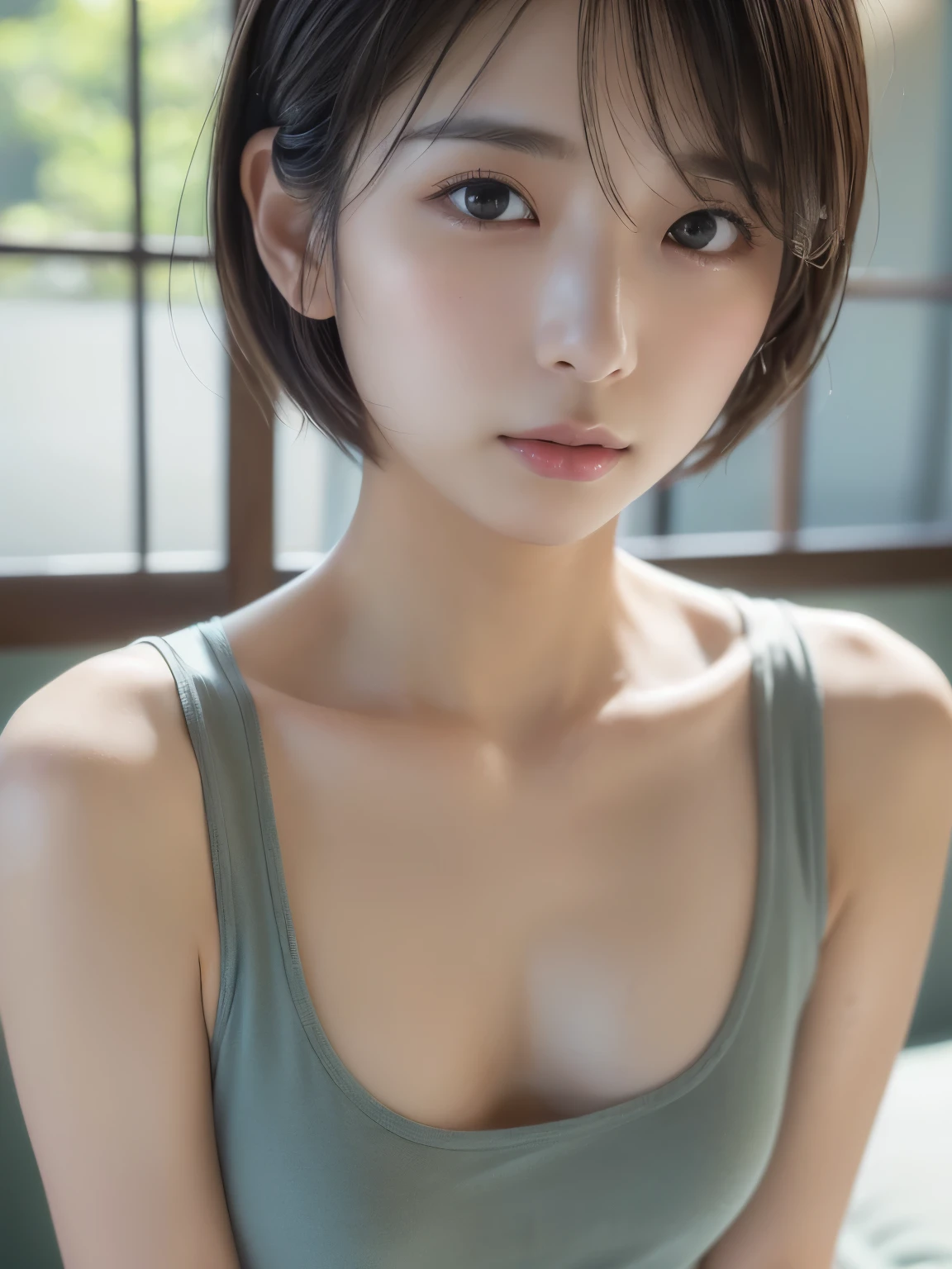 ((of the highest quality, 8K, masutepiece: 1.3, Raw photo)), Sharp Focus: 1.2, (1 AESPA Girl :1.1), Solo, (Realistic, Photorealistic: 1.37), (Face Focus: 1.1), Cute face, hyperdetailed face, (short messy hair: 1.2), Small breasts, flat chest, office, (camisole: 1.1), thigh, sitting floor, sunlight
