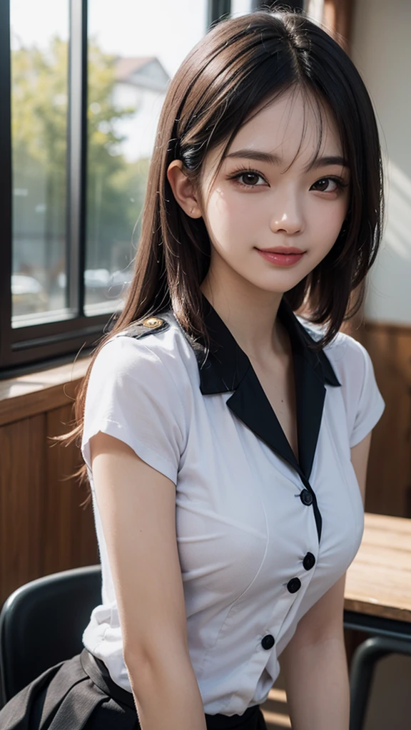 （best qualtiy，4K，tmasterpiece：1.2），Pretty women，1girll，Raised sexy：1.1，Dark yellow hair：1.1，Woman in school uniform，Soaked black school uniform，Super detailed face，Detailed lips，A detailed eye，二重まぶた，Miniskirt white stockings，Stand up