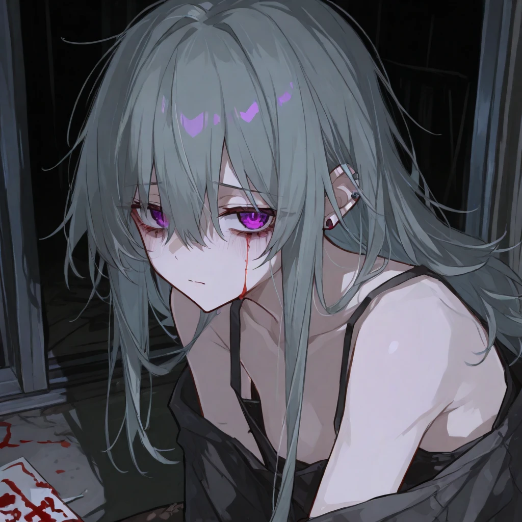 An anime girl, with long blue hair, medium-large pink eyes, black clothes and a band around her neck and arm, and a little bit covered in blood, since she is a murderer.