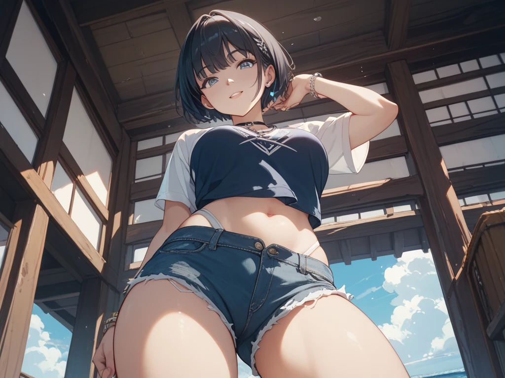 8k, highest quality, masterpiece, Wallpapers by Unity 8k, (One Girl) , 、1girl,、Flat Chest、Short T-shirt、under boob、from below, blue sky、Outdoor