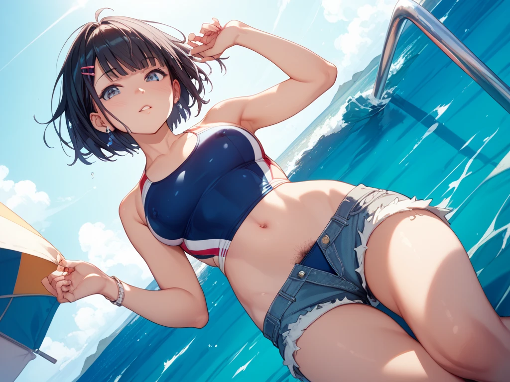 NSFW, (4+girls:1.5), (alternate athlete swimsuit pool), tanned skin, dark tanned skin, oil, abs:1.5, line up, girls playing beach volley, ball of beach volley, net, masterpiece, top quality, ultra high definition, highest resolution, very detailed, professional lighting, clean skin, CG illustration, slender, very cute, young face, cleavage, lower breast, wet body, (breasts out:1.4), different hair colors, short hair, pixie haircut, semi-long hair, different hair cuts, hair ribbon, blush, navel, from below, wet body, (breasts out: 1.4), (plastic bag 1.2), transparent swimsuit, beach, sand, water, (wind: 1.3), girls playing behind, showing ass, black necklace choker