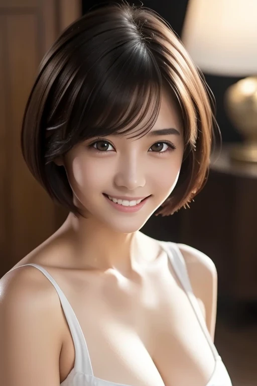 masterpiece, Highest quality, Very detailed, 複雑に詳細なSuper detailed, Realistic, Sharp features, Very detailed, Sharp focus, 20-year-old, Perfect Face, Perfect Face, Perfect symmetrical perfect eyes, Perfect Plump Lips, Flexible female form, Film Light, Super detailed, hyper Realistic, High resolution, Vibrant, Dynamic Studio Lighting, short hair, Brown Hair, Shoulder-length layered, Asymmetrical bangs, Brown eyes, (Impish Smile:1.2),  Cowboy Shot,