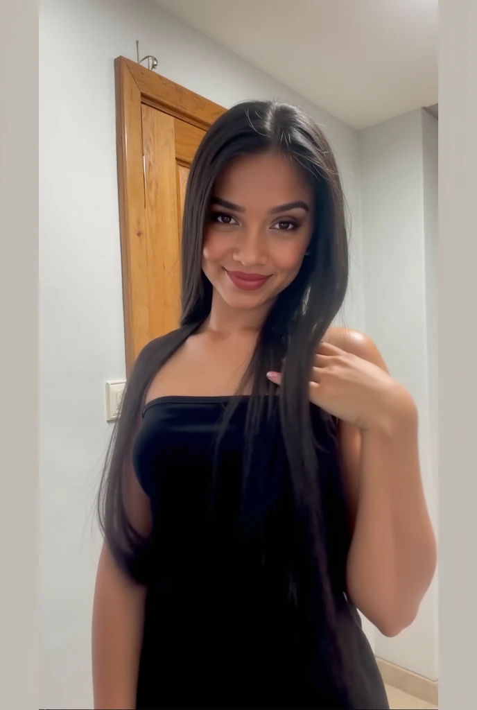 Arafed woman with long dark hair and a black bra top, Violeta Myers, lindo rosto latino, Cerveja Madison, Mulher mexicana bonita, , cabelo castanho escuro e pele bronzeada, sorriso bonito e sedutor, com um sorriso sedutor, 21 anos, soft devil queen Cerveja Madison, Marischa Becker, Parece Laura Barriales, com cabelos castanhos escuros