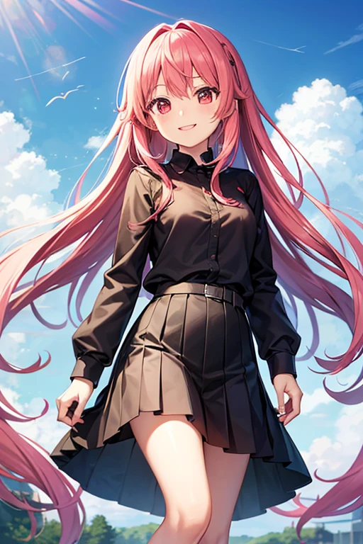 masterpiece、top-quality、Hi-Res、Qianjia 1、fujiwara chika、student clothes、Black bow、Black Dress、breastsout、Red ribbons、shortsleeves、white shirt、Blunt bangs、Neck ribbon、鎖骨、Collared dress、Colossal tits、cowboy shot、A smile、White underwear、(Wind、wind lift、Skirt lifted by the wind、Skirt rolled up by the wind、Skirt flutters:1.5)、(Fully exposed panties:1.5)、(white panties:1.3)、(is standing)、A pink-haired、Look at viewers