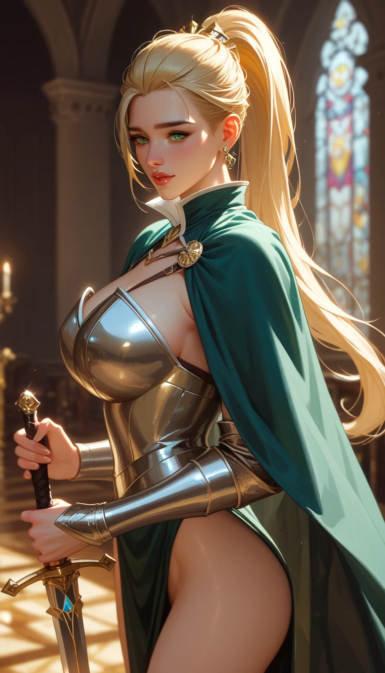 Woman, beautiful half naked, queen elf, greeneyes, long, straight, golden hair, a crown on top of her head, gold and ruby ornament on her forehead, bountiful breasts, RPG armor, RPG Clériga, elf ears, leather corset, long robe, jewels and ornaments at the waist, wearing pantyhose, flying in the middle of the castle hall.