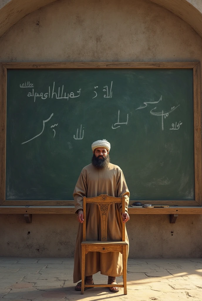 (photorealism:1.2), a man,Indonesia,Muslim,cleric,time, sit down,facing forward,shows a blank sheet of paper, blank paper facing the audience,lanscape shape paper,paper fills the frame, top of paper text "42 SELECTED HADITHS"aesthetic, interesting, clear,Background,Islamic boarding school,Full Frame