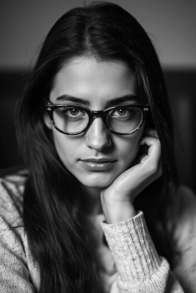 A close-up portrait of a young woman with a serious expression, captured in a monochromatic black and white photo with a focus on her blue eyes and glasses. the image is a close up portrait, focusing on her face and upper body, with a soft, blurred background. the subject is positioned in the middle of the frame, looking directly at the viewer with a serene and contemplative expression. she has long, straight, dark hair and is wearing a pair of black-framed glasses, which are the focal point of the image. her eyes are a striking shade of blue, and her eyelashes are visible, adding to her delicate features. her lips are slightly parted, and she appears to be wearing a white sweater, which is slightly blurred to emphasize her features. the overall mood is one of calmness and introspection, with the focus on the subject's face and glasses creating a sense of depth and dimensionality.