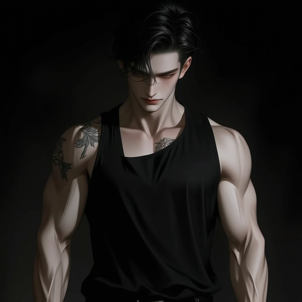 Black sleeveless tank top with jeans, Teenage hotties, white skinned, large eyes, Photorealistic, The perfect face with great detail, Tendons in the arm, toned muscles, A slight smile on his face, Black hair ,full body