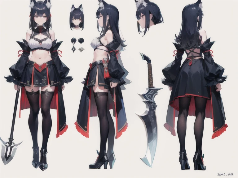 (CHARACTERSHEET:1) (MULTIPLE VIEWS FULL BODY UPPER BODY REFERENCE SHEET:1) Cute Girl, Anime Girl, Black Hair, Wolf ears, Wolf Tail, Tactical outfit (CharacterSheet:1), (multiple views full body upper body reference sheet:1)