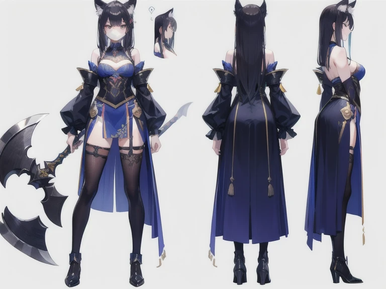 1girl, reference sheet, matching outfit, (fantasy character design, front angles, side angles, rear angles) Alistair, Demi-Human character design. Lithe and agile frame, feminine appearance, blush. daring monokini, celestial symbols, night sky print, star and moon-shaped sequins. Striking emerald eyes with a mischievous glint, crotch camel-toe cameltoe, hint of magical prowess. Long jet-black hair, intricate arcane symbols on attire. Wolf-like ears and tail, distinctive Demi-Human features. (masterpiece:1.2), (best quality:1.3).