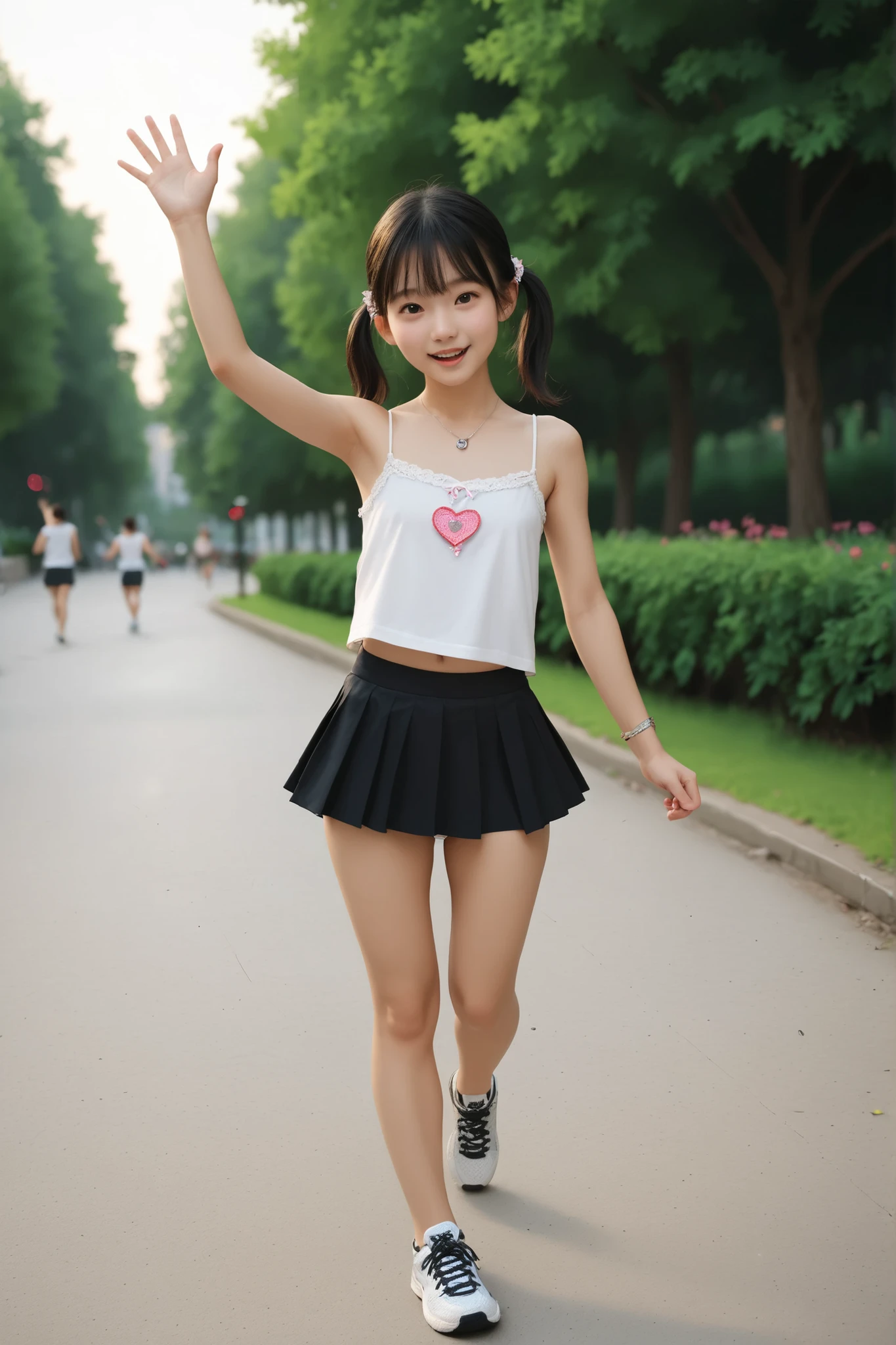 masterpiece,best quality,good quality,newest,
illustration,in park,running,waving,flaccid penis,testicles,arm up,happy,black hair,twintails,short hair,camisole,microskirt,flat chest,sneakers,under panties,heart gemstone pendant,)baby face girls:1.,very young looking girls:1.4