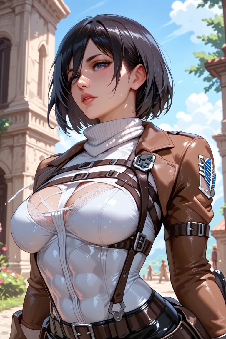 score_9, score_8_up, score_7_up, score_6_up, score_anime, masterpiece, best quality, ultra-detailed, highres, best anatomy, accurate ???????, (large breasts), 1girl, solo female, lustful eyes, short hair, mikasa_ackerman, black hair, black eyes, very short hair, pixie cut, fit slim body, (((black tight suit))), paradis military uniform, 