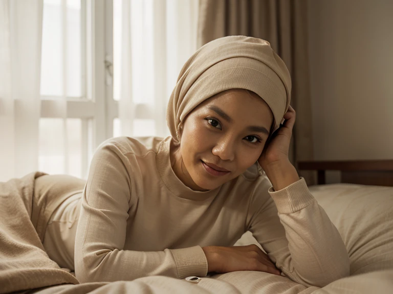 a naked sexy and horny Muslim girl smiling satisfied with body full frontal leaning to the bed after sexual intercourse