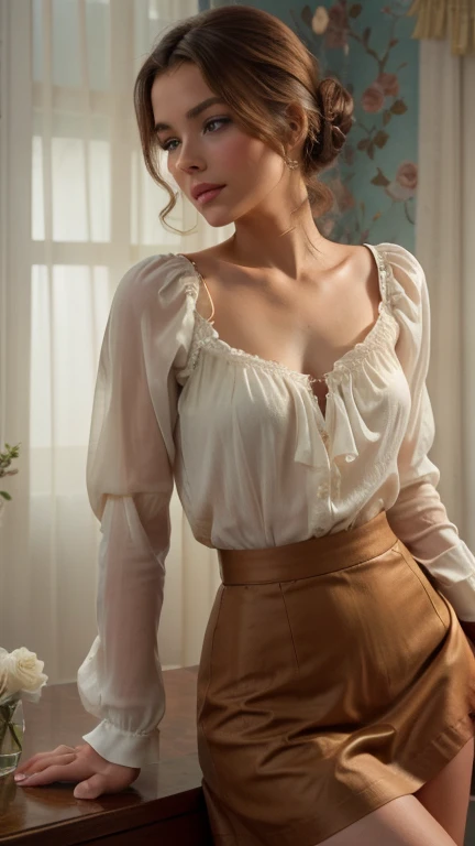 Caterina Murino wearing a blouse with a huge neckline and pants and smiling