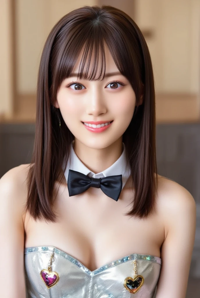 Brown Hair、Blunt bangs、((Big Breasts:1.3))、Heavy eye makeup、Lace fabric、Sexy black and light blue bunny suit、((Rabbit ears headband、A bow tie))、Gorgeous Accessories、Knee-high socks、Poses that accentuate the chest、(White background)、Cute Smile