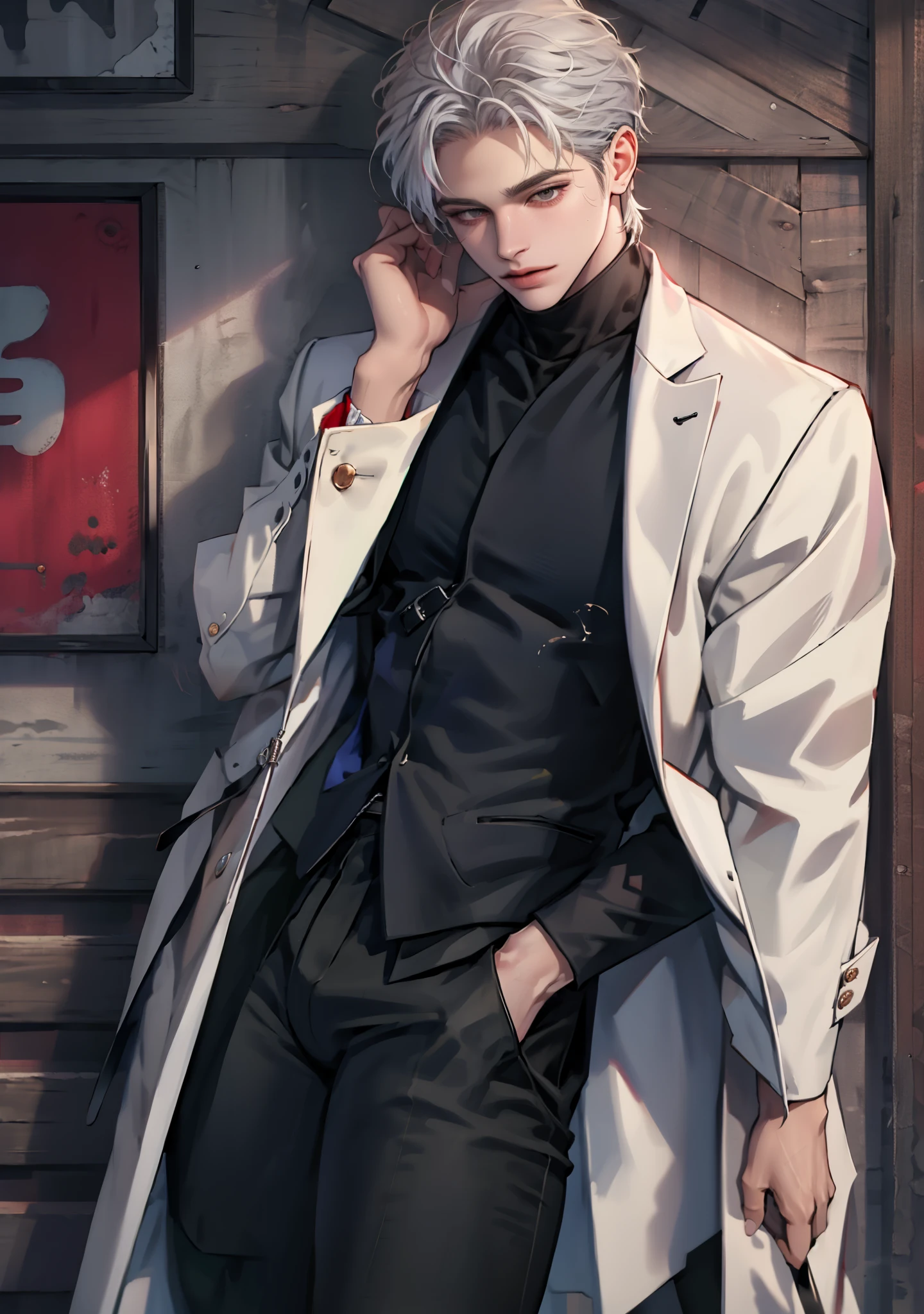 (masterpiece), best quality, seductive eyes, mature face, handsome man, jet black eyes, white slicked back hair, black turtleneck, black pants, black coat, broad shoulders, anime cover, 1boy, masculine, smoking, adult-like look