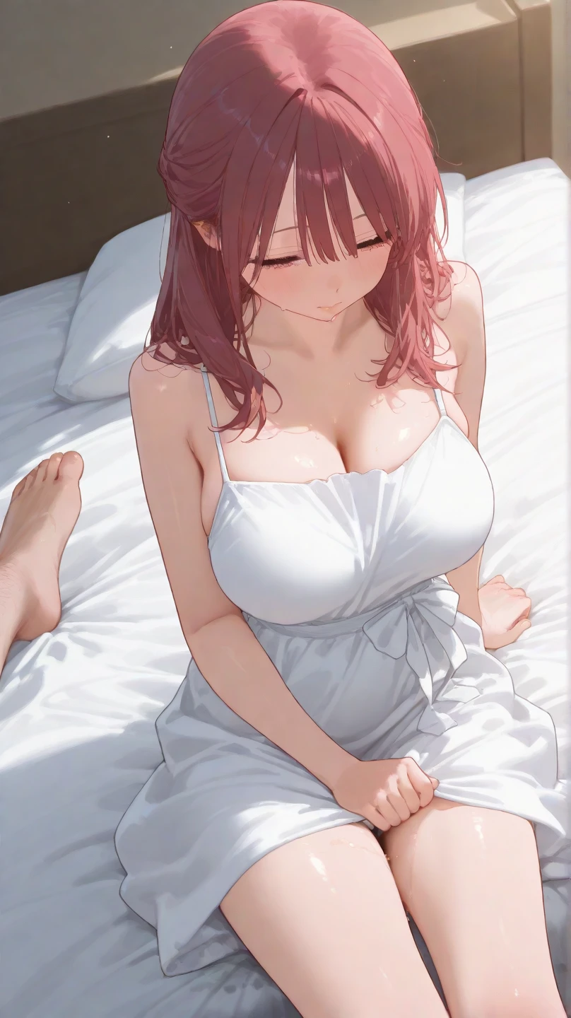 1 girl Miku Nakano, sexy, detailed brown hair, detailed blue eyes, big ass, busty, beautiful, beautiful face, beautiful legs, pinkish white skin, blushing, sweaty, beautiful detailed hands,White wedding dress with lots of lace, with white veil on her head, blushing happily