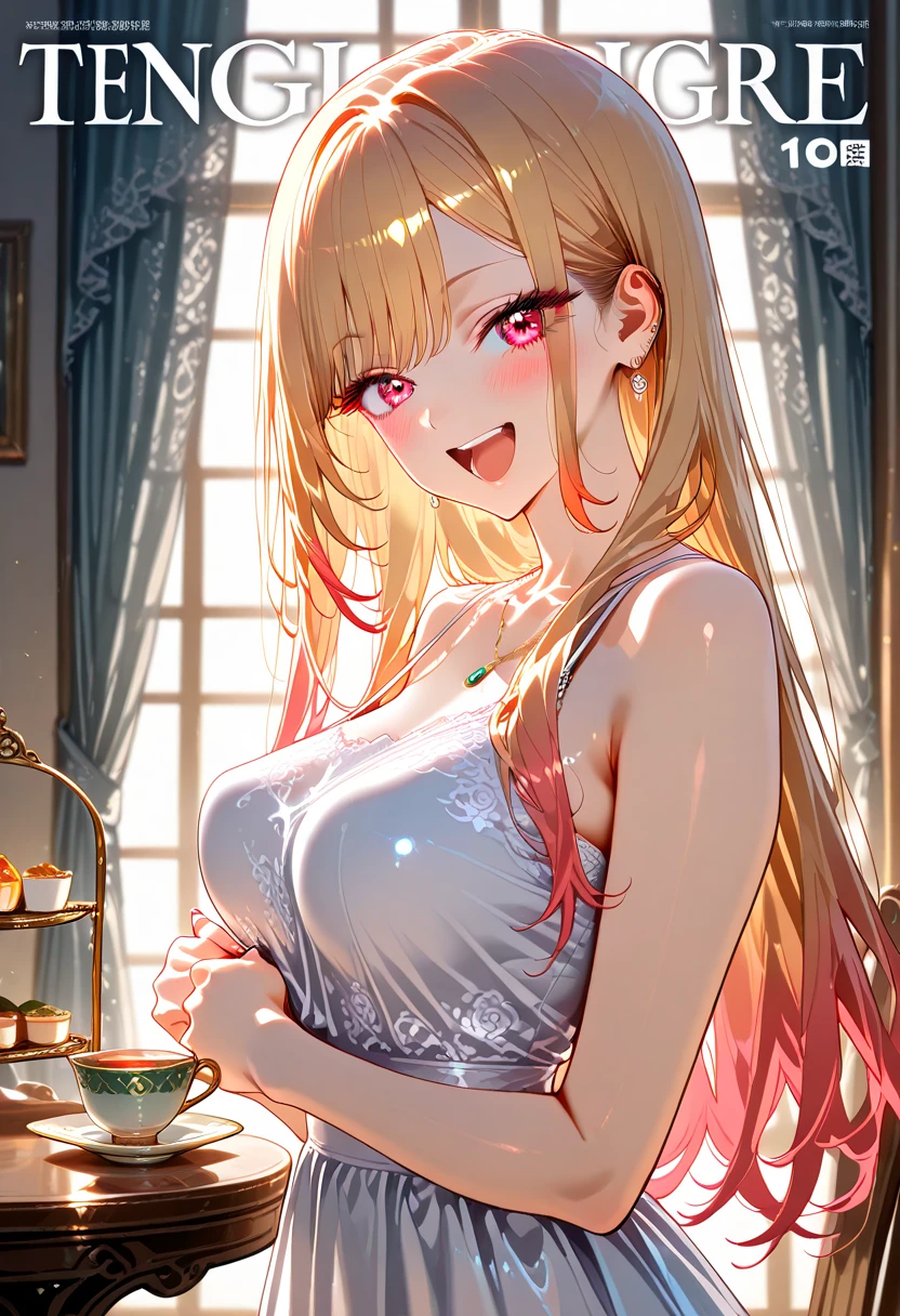 (obra de arte), 1 garota, bocejando, acordar, arm up, decote profundo, Navia ‘Impacto Genshin’, detalhado lips, em camisola casual laranja,  pernas nuas, coxa nua, bare feet,  sem mangas, [[Axila]], sorrindo, boca aberta, parted lips, detalhado, fundo intrincado, fundo colorido, alegre, Quarto, aristocracia