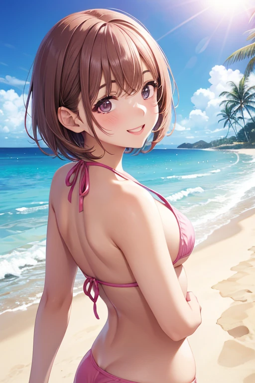 Photorealistic、Highest quality、Highest Resolution、Highest quality、16K、1 beautiful adult woman、Cute face、Delicate face、Bob cut hair、Ash brown hair color、Brown eyes、Delicate eyes、Beautiful Eyes、Beautiful breasts、Big Breasts、bikini、Evening beach、Look back、