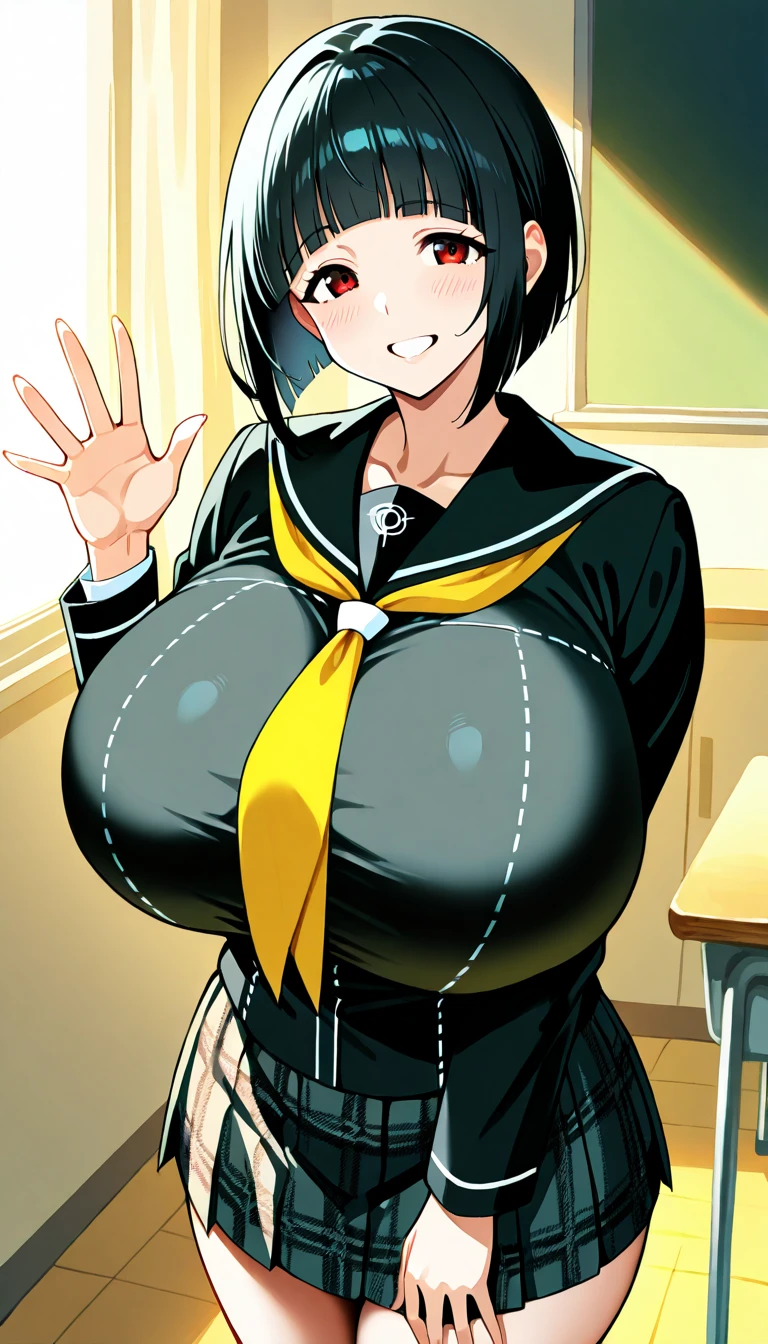 ((Tabletop, Highest quality, High resolution, Pixel Perfect,  4K, Browsing Caution)))、1 Girl, Beautiful woman、(((Muscular)))、((Bobcut、Blunt Bangs、Black Hair)), ((Yellow Eyes、Both eyes closed、Beautiful eyelashes, Realistic eyes)), ((Detailed face, blush:1.2)), ((Smooth texture:0.75, Realistic texture:0.65, Realistic:1.1, Anime CG Style))、((Huge breasts、Thick thighs)), Perfect body、Daytime Town、((((:d、blush))))、((Sweat))、(Hands on chest、Kneel)、(Navy Blue Leotard)、Police Hat