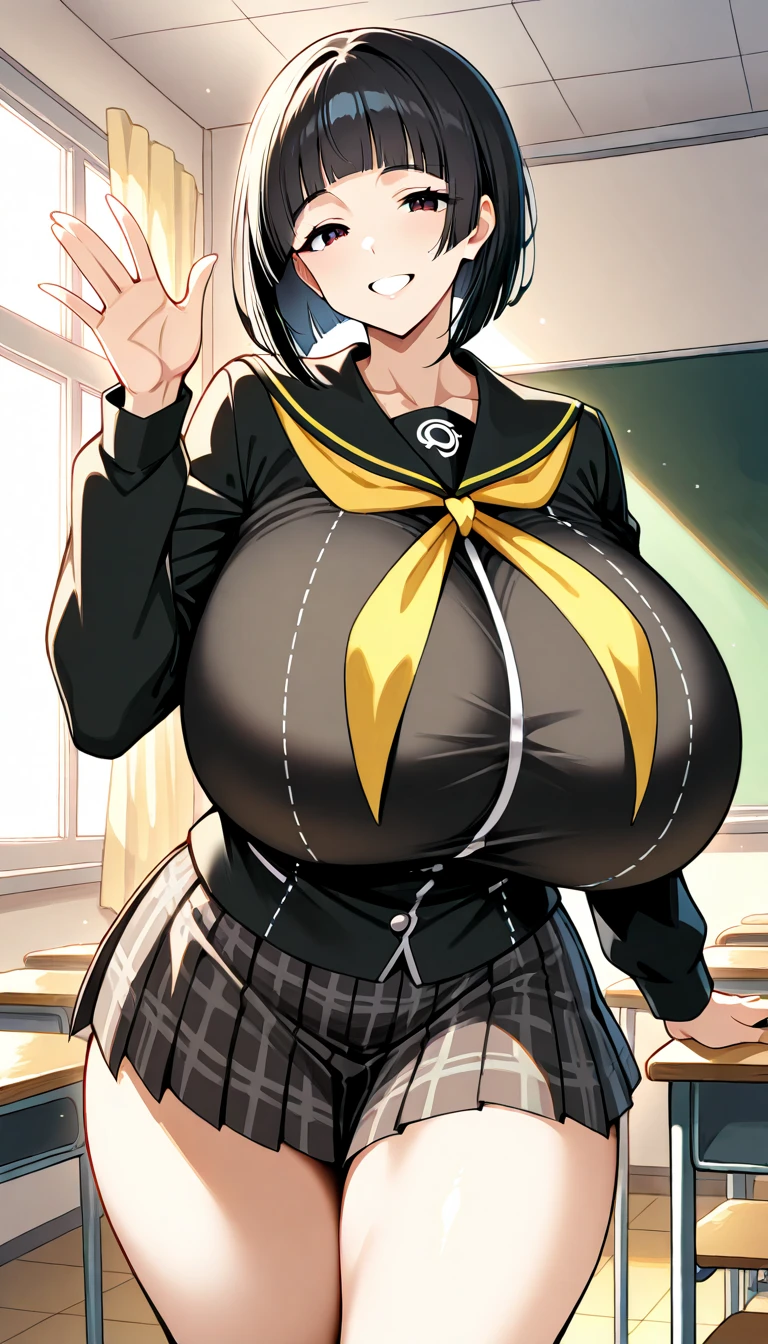 ((Table t○p, Highest quality, High Resolution、Anime Screen Capture、Pixel Perfect, 8K、sf)))、Perfect Anat○my、((((Muscular))))、(((Swollen nipples、Huge breasts、Wide Hips、Wide thighs)))、(B○th armpits、Place your hands behind your head)、((Navy Blue Cyber Suit、Blue Protector))、Sweat, vap○r,(Yellow Eyes)、((Bobcut、Black Hair)), ((((:or))))、surprised、(((Embarrassing、blush)))、(In town)、from the front