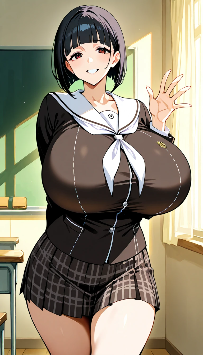 1 girl, solo, cute face,
p4ayane, short hair, blunt bangs, black hair,
yasogami school uniform, school uniform,
classroom, standing, looking at viewer, smile, teeth, waving
masterpiece, best quality, ultra detailed,gigantic breasts