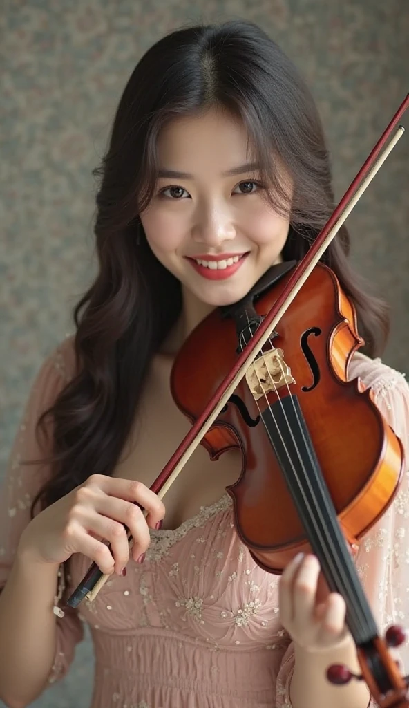 (a gorgeous korean lady, age 28, holding a violin, wearing a pink blouse with semi-high neck_ruffle, in her cosy room. she has dimpled cheeks, kind friendly smile, cute snaggle-tooth, short_hair_ponytail, realistic symmetrical face, beautiful detailed face, beautiful detailed eyes, ample_round_bosom, photorealistic, hyper-realism, high contrast, ultra HD, realistic skin textures, top image quality, top-quality, super high resolution, fine details, very meticulously, masterpiece, head_to_knees, the_Cowboy_shot, romantic_vibes, bokeh_background, serene_ambience) #CanonInD