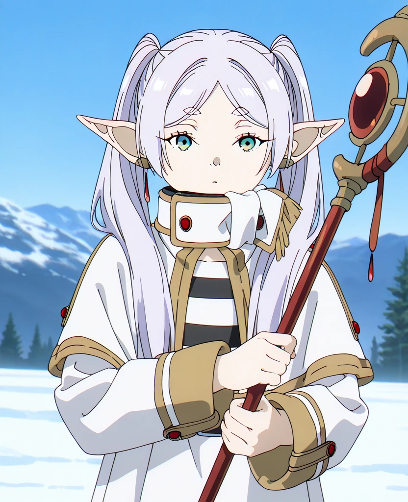 Girl, Frieren, white hair, light skin, green eyes, elf, white winter attire, holding staff, HD, masterpiece