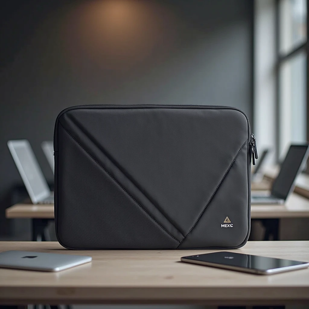 Premium padded laptop sleeve in dark grey with tech-fabric texture, front corner printed with the MEXC triangle logo and “MEXC” in its proper brand color, light blockchain grid motif across background, set in a tech-startup co-working space with MacBooks and iPads, clean minimalist product photography