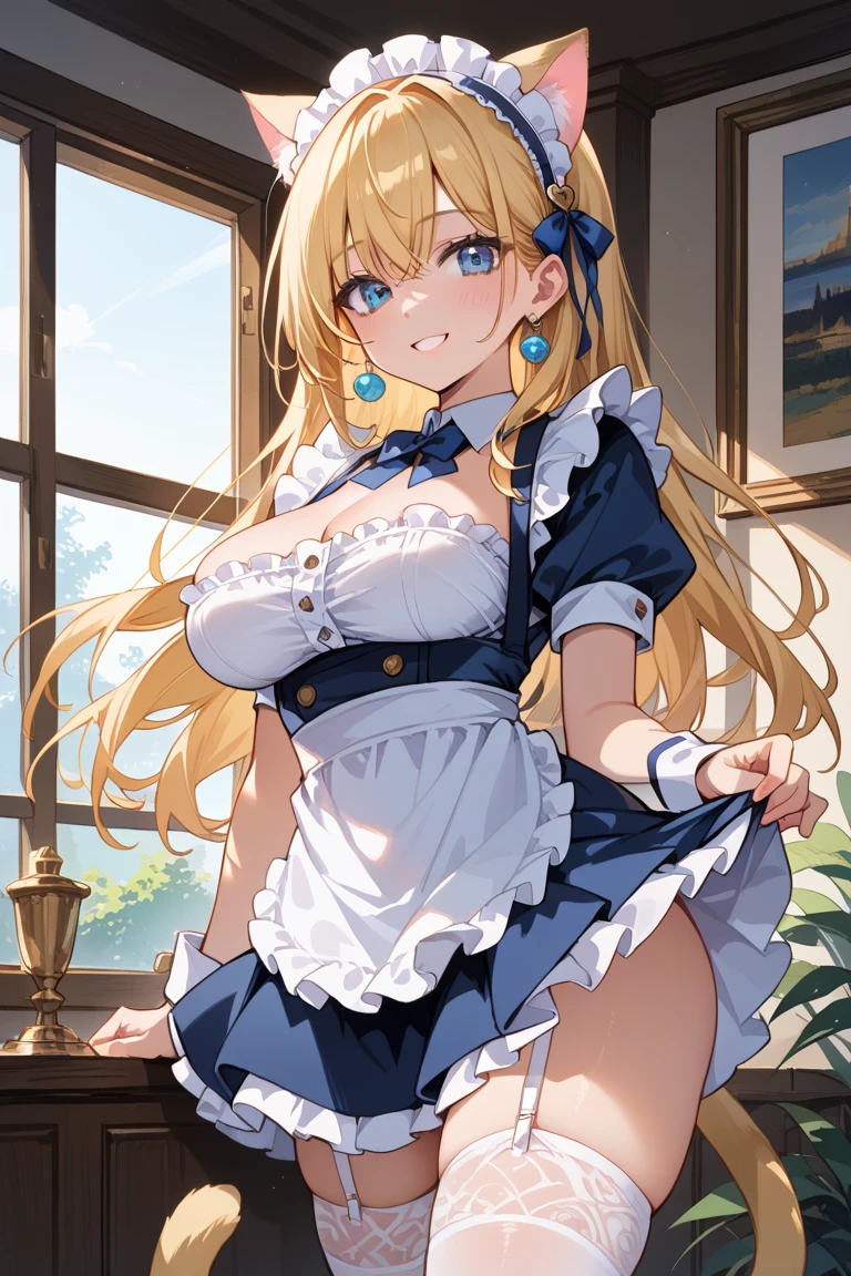 1girl in, (Chiquita:1.2), Kaho Hyuga, a blond, Twin-tailed, woman samurai, Scarf on the head, frilld, Light blue shirt, Waist apron, Puffy Short Sleeves, blueskirt, white glove, large boob, white collar,
(Close Shot, Best Quality, hight resolution, 4K, Detailed Lighting, Shaders, perfect anatomia, NSFW),
Looking at Viewer,
cleavage,
blush, Smile,
Cafe Background,