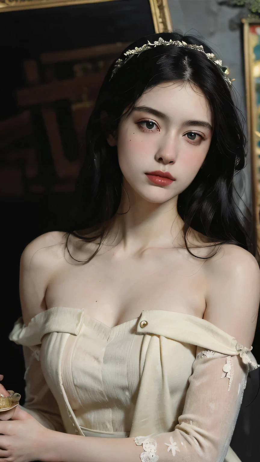 highest quality, masterpiece, (realistic:1.4), 1 girl, light smile, Black collared shirt, Upper body, dramatic lighting, from below, pearl necklace, Pearl Bangles, Pearl hair ornament
