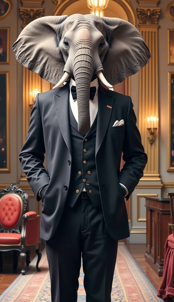 elephant butler, (((Elephant's face))), A majestic elephant butler, dressed in a tailored suit and bow tie, stands tall and proud, holding a silver tray with impeccable poise. The elephant's large ears are alert, its trunk raised gracefully, and its eyes convey a sense of refined elegance. The scene is set in a grand, ornate interior, with intricate architectural details, rich fabrics, and a warm, golden lighting that casts a soft glow. The overall atmosphere is one of sophisticated opulence, where the unexpected juxtaposition of an elephant butler in a luxurious setting creates a whimsical and captivating tableau.elephantbutler,elephantinsuit,sophisticatedelephant,elephantbuttler,finelydetailedportraiture,grandinterior,ornatedetails,richfabrics,warmgoldenlighting,photorealistic,highresolution,4k,hdr,studio lighting, ultra-detailed ,vivid colors ,bokeh