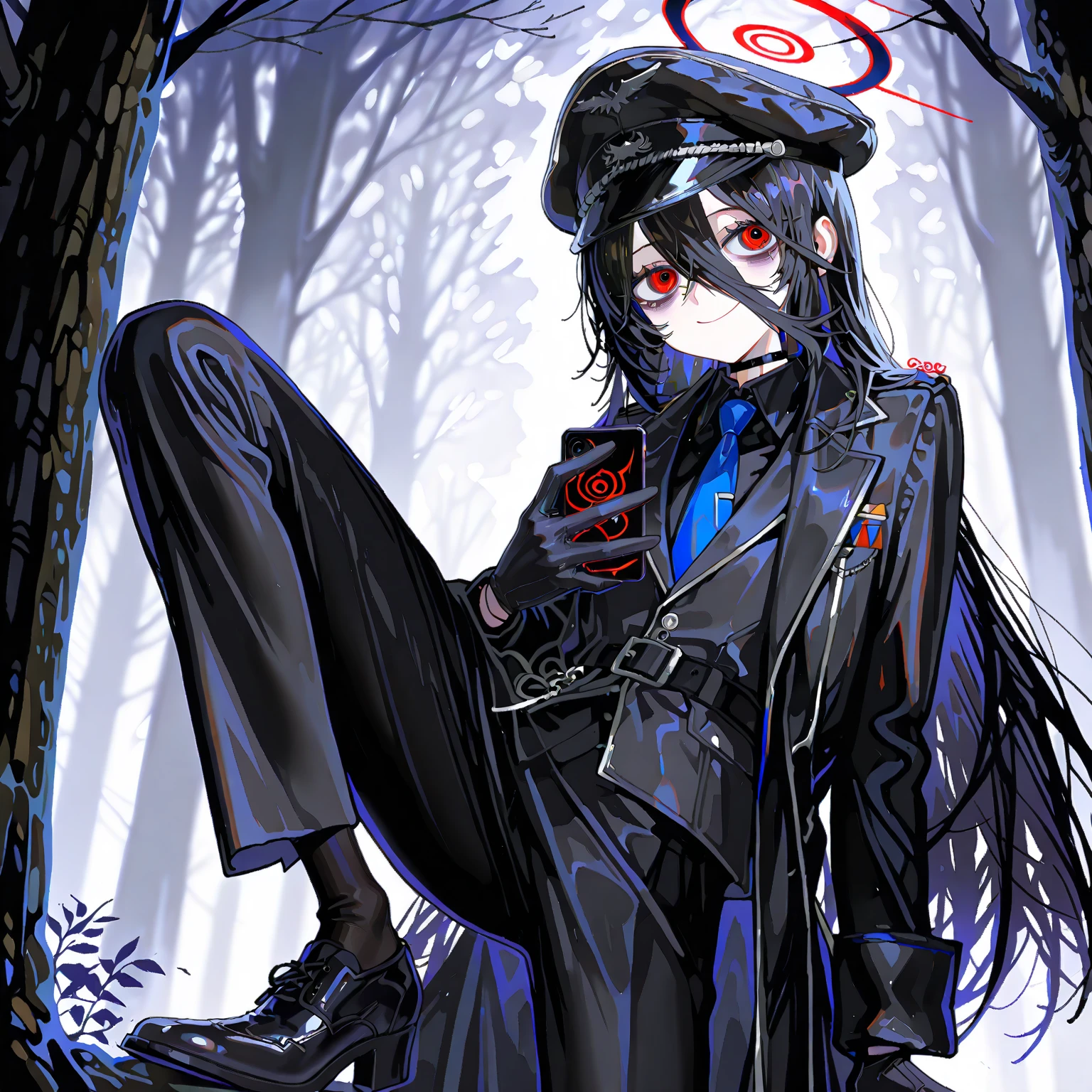 masterpiece、solo、one girl、short、student、long black hair,black hair、The bangs are very long、Hair growing between eyes、Long bangs down to below the chin、異常にlong black hairが後ろに流れ、Hair like a tree root、Unruly Hair、 red eyes、Beautiful Eyes、Half an eye、white dark circles under eyes、 dark circles under eyes 、white eyeliner、thick eyelashes、Beautiful eyelashes、smile、smile、black military uniform、black coat、black shirt、blue tie、black slacks、Black leather shoes、and black gloves. black inner high neck、suggests calm, . flat chest、cool vibe、Elegant appeal 、cool pose、Exquisite details with dynamic lighting, sharp contrast、mystical atmosphere.Balanced exposure details,newest、Viewers' Perspective、Abstract art、fantastic、High Quality、very aesthetic、Amazing Modern Character Trend Theme、full shot、最High Quality、perfect face、newest 、 high resolution 、 Stunning Resolution 、super detailed、HDR、8K、Beautiful Delicate Eyes、 clear line、fantastic、completely dark skin、Dark skin、very aesthetic、white background、white wall、full body、 intricate detail、dramatic shadows all over the cafe、 Dark 、standing、holding one smartphone in hand、military statements、black simple choker、Gives off a slight black energy、full bodyキャラクターデザイン、black military hat with tree branches、evil and malicious