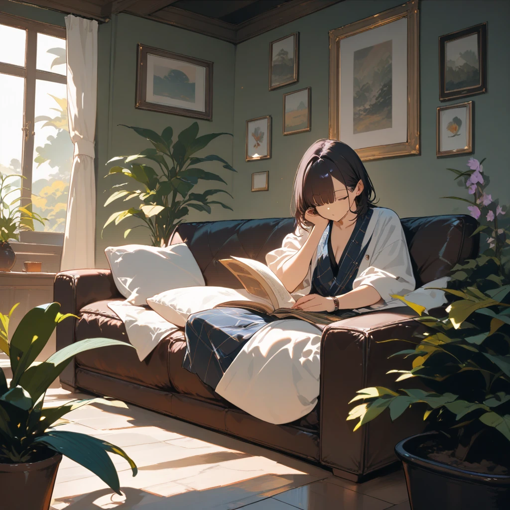 living room, sofa, window, curtains, dappled sunlight, potted plant, table, cupboard, bookshelf, paper, table lamp, typewriter, ,1 girl, long hair, brown hair, perfect body, dynamic angle, reading a book