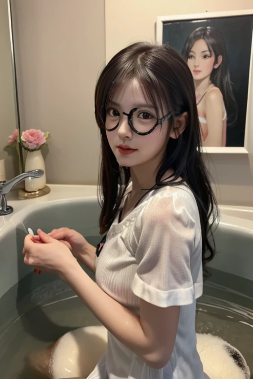 Masterpiece、highest quality、Ultra HD、Vivid images、8k、1 very cute Japan girl、14 years old、Beautiful long black hair、I always wear glasses、Beautiful detailed eyes、Beautiful Skin、Big Breasts、Very large breasts、120cm J-cup bust、Small Ass、Wearing pajamas、Realistic and detailed Japanese junior high school girl's room、In bed、The cutest photoshoot ever