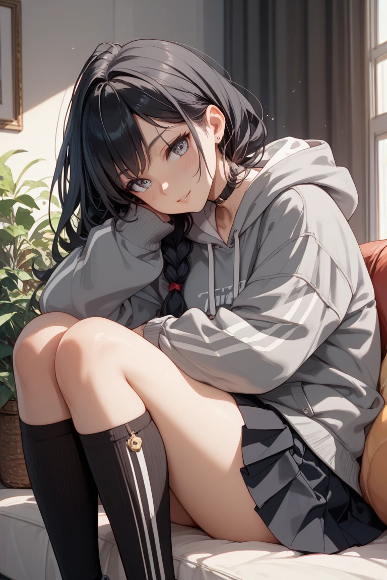 Woman sitting with legs apart