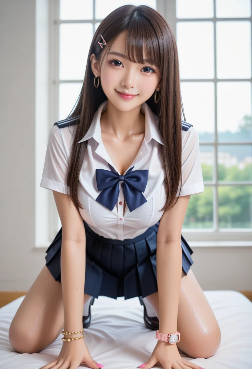 1girl, 16 yo, japanese gravure model, cute beautiful girl, large breasts, clean face skin, natural smile,fascinating smile, (dropping eyes:1.4), finely detailed face, looking at viewer,
BREAK
sexy feeling, erotic feeling,
(hot-pillow hotel's room:1.2), (Immediately after sexual intercourse:1.1), (japanese high school uniform with sailor collar:1.2), sailor uniform, red scarf, (pleated check skirt:1.5), sit on the bed, spread legs slightly, show panties, (white panties:1.4), very small lace panties, thin matte fabric cotton panties, panties under the skirt, (a glance of panties:1.6),
(dynamic angle, dynamic pose:1.3), (from slightly below:1.5),
BREAK
masterpiece, best quality, highres, detailed skin, detailed, detailed face and eyes, hi-res, natural lighting, perfect anatomy, physically-based rendering, photorealistic,school_uniform,solo,panties,