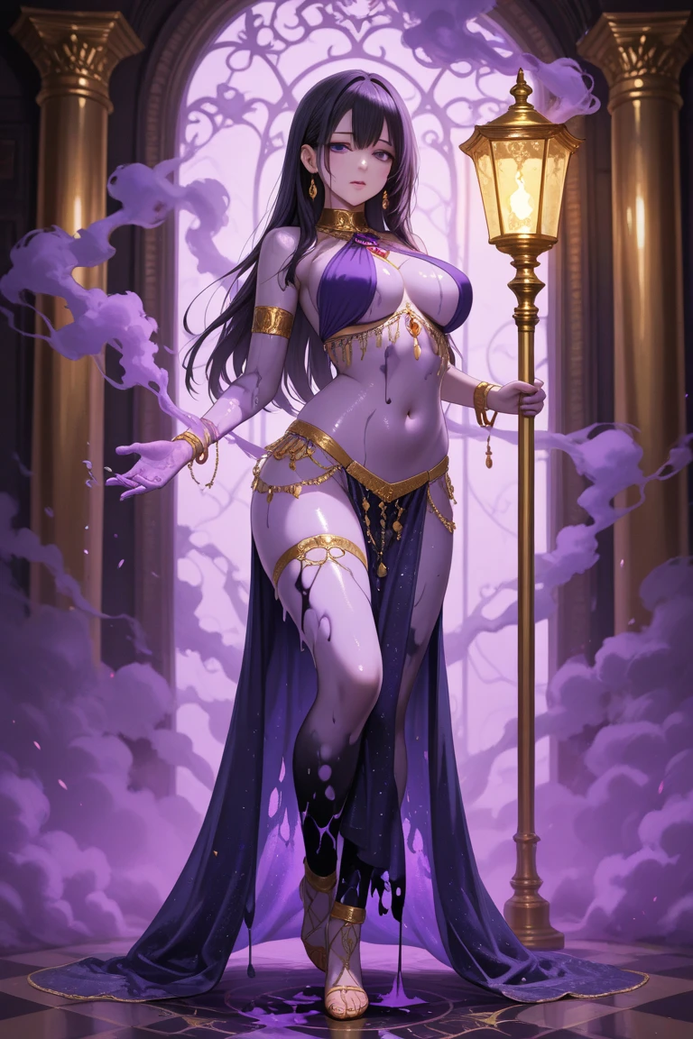 Beautiful woman with a perfect face, perfect body figures, realistic facial expression, long black wavy hair, light purple eyes, pale skin, wearing a black tunic with intricate decorations, exposed belly and thighs, witch, confident expression (dynamic Angle, dazzling purple eyes, delicate necklace, evil smile), (magic mystical background, fireflies , glowing particles, ethereal fog, faint darkness), high saturation, movie light, edge light, best shadow
