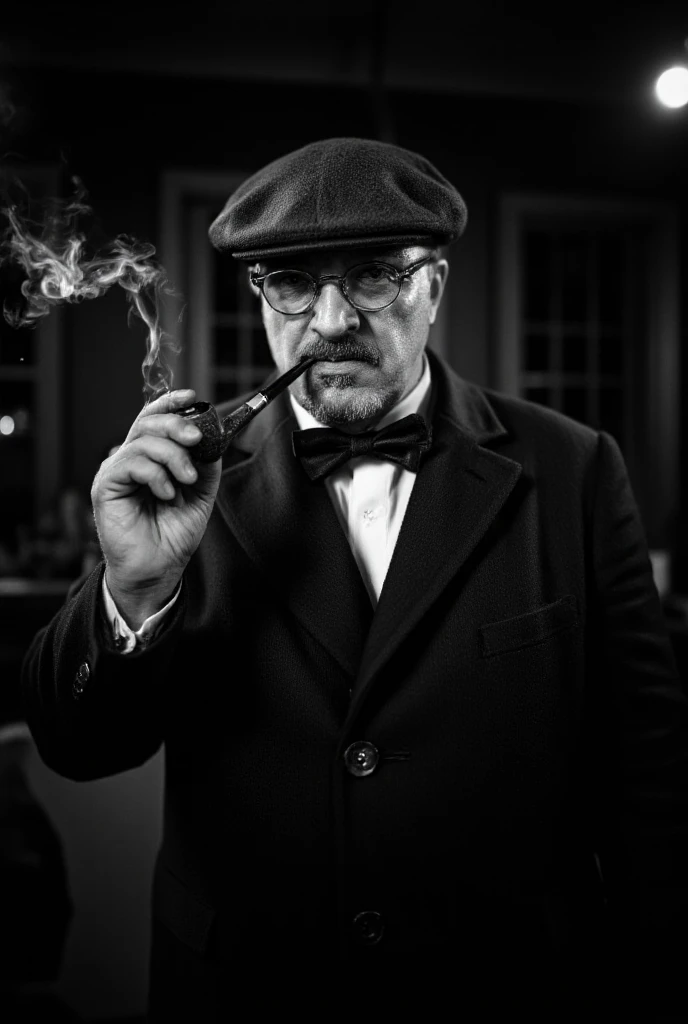 A black and white photo shoot from a portrait camera angle about a man with a mustache and glasses smoking a pipe, dressed in a formal attire. the image also shows a man in the middle of the frame, who appears to be a middle-aged man with light skin, wearing a black bowtie, a white shirt, and a black coat. he has a serious expression on his face and is looking directly at the viewer. he is holding a smoking pipe in his right hand, with smoke coming out of it. the man is wearing a flat cap, glasses, and has a thick beard and mustache. the background is blurred, but it seems to be an indoor setting with a dark and moody atmosphere. the lighting is dramatic, with a focus on the man's facial expression and the smoke.