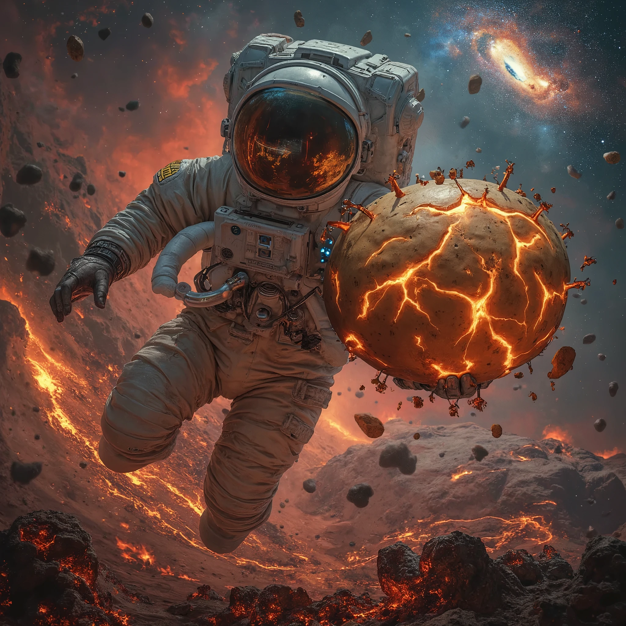 A hyper-realistic, cinematic sci-fi artwork featuring an astronaut as the main subject, dramatically floating or running in space while holding a large glowing potato. The background shows Earth splitting apart with molten lava erupting and debris flying across space. Meteors and asteroids rain down, and a blazing comet streaks across the galaxy. The astronaut's helmet reflects a colorful nebula or galaxy, enhancing the cosmic vibe. The potato is oversized, glowing with energy veins across its earthy, textured surface, suggesting it's a powerful or mysterious artifact. The astronaut suit is highly detailed with glowing buttons, oxygen tubes, and realistic textures. Dramatic lighting and vivid color contrast emphasize the apocalyptic, epic sci-fi theme. Style: ultra-detailed, cinematic lighting, space catastrophe, epic concept art, ArtStation-quality.
