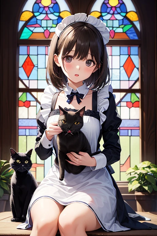1 girl on break day、solo、 simple maid clothes、There is a black cat、Expressed with vintage etching。beautiful colorful stained glass、, ,, ,,
、、 、 、
