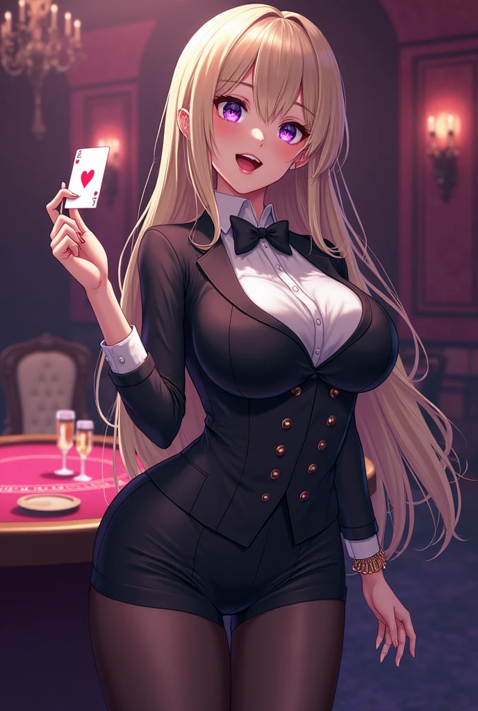 (Highest quality:1.2, Attention to detail, masterpiece:1.2, Best aesthetics), (1 girl), Cowboy Shot, ((Playboy Bunny, Fishnet tights:1.2, Bunny ears, ハイレグ leotard, 黒leotard:1.1, leotard)), (Blonde, Long Hair, Asymmetrical bangs, Light blue eyes), 美しいAttention to detail目, Beautiful lip detail, Highly detailed face, Detailed Fashion, elegant, luxury, High quality fabric, Shine, Shine, smile, ((Card games, poker, Holding a deck of cards:1.2)), bar, Nightclub, night, Dramatic lighting, Cinematic, Bright colors, Intricate details, Chiaroscuro lighting.
