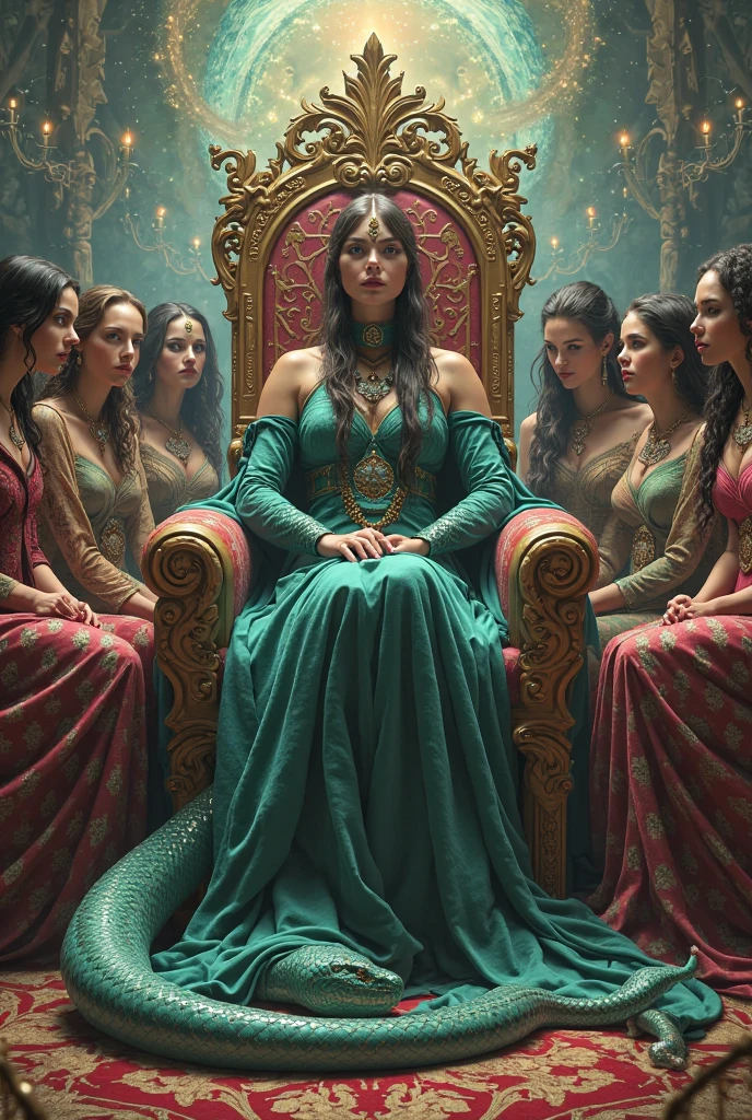 Queen in black dress style of royalty from ancient times and a crazy count with glasses and the queen with a necklace with green stone